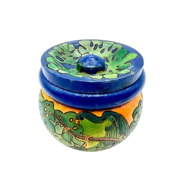 C Chan Other - Hand-Painted Wooden Trinket Box Jar With Lid Parrot Paradise By C. Chan 2.5" H